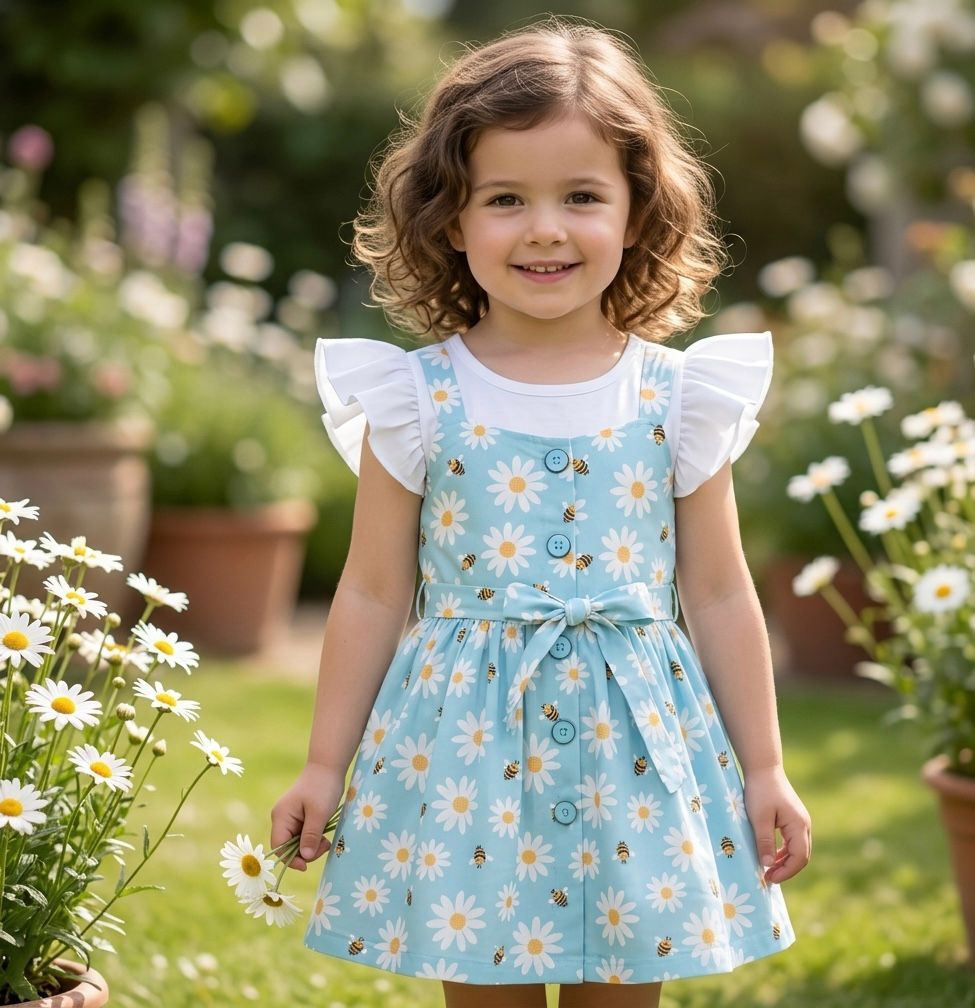 Little Girl Light Blue Daisy Print Dress and White Ruffle Top
