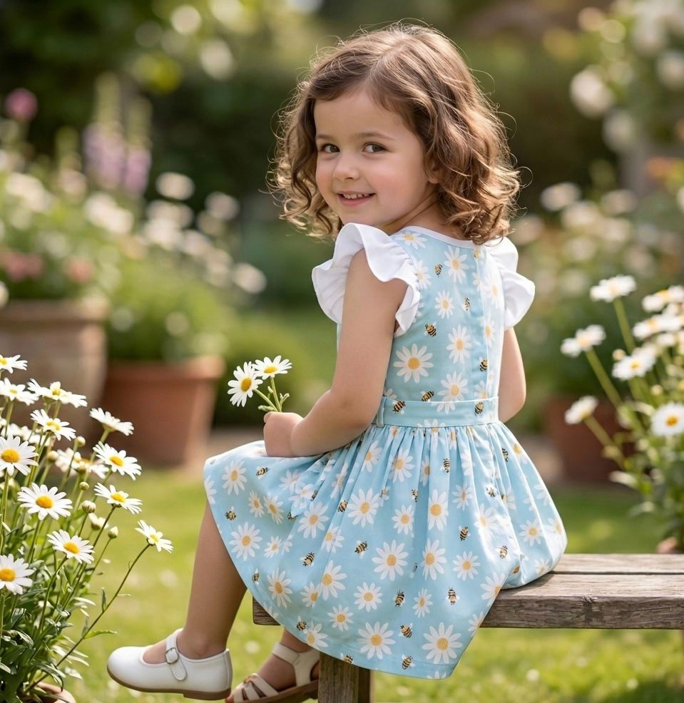 Little Girl Light Blue Daisy Print Dress and White Ruffle Top