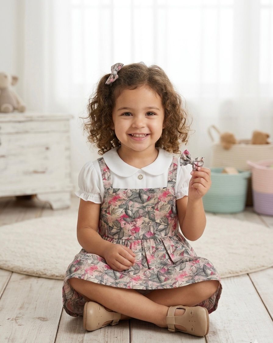 Classic Pink and Grey Floral Layered Dress for Toddlers