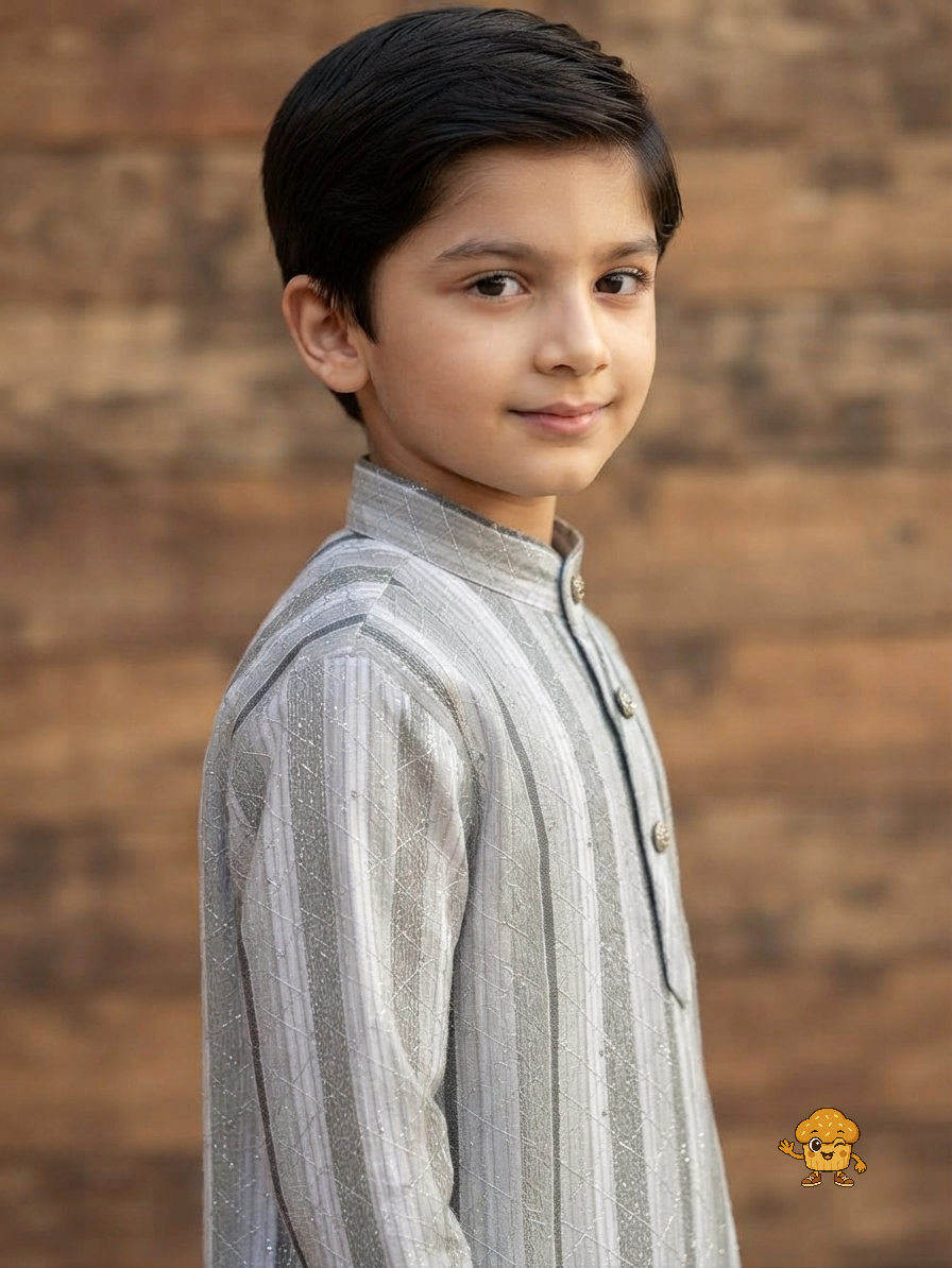 Boys Embroidered Striped Kurta with White Pyjama