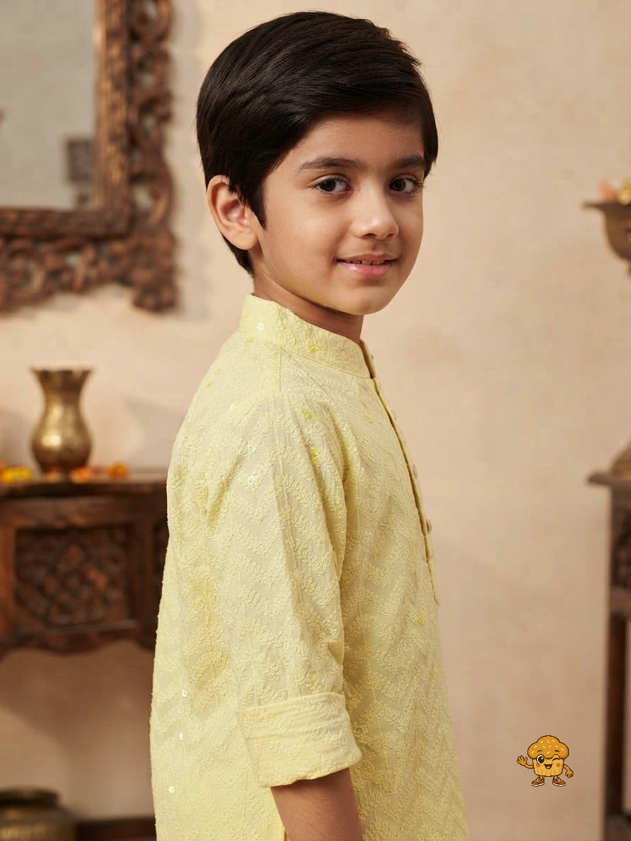 Boys Lemon Yellow Chikankari Embroidered Kurta Set with Subtle Sequin Detailing