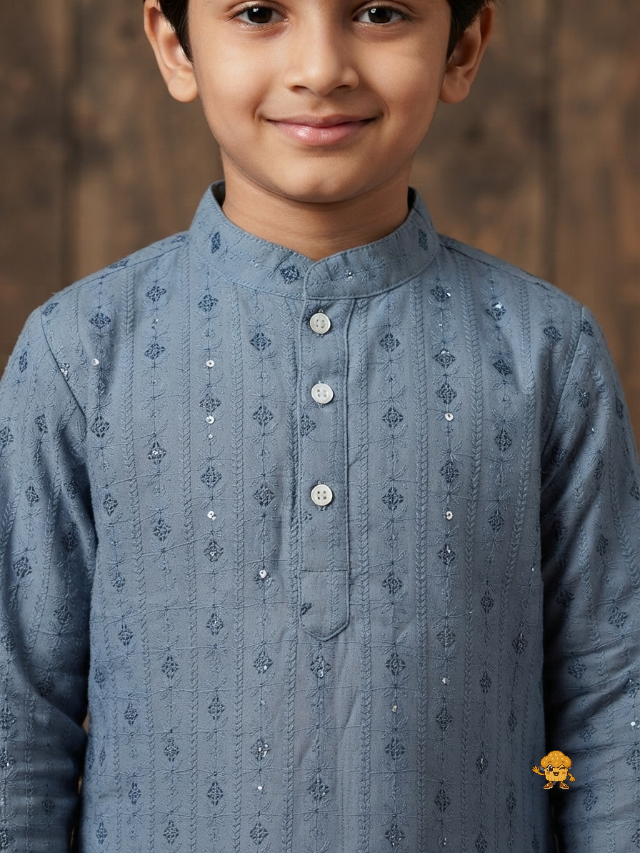 Boys Steel Blue Embellished Kurta with Churidar Set – Festive Ethnic Wear