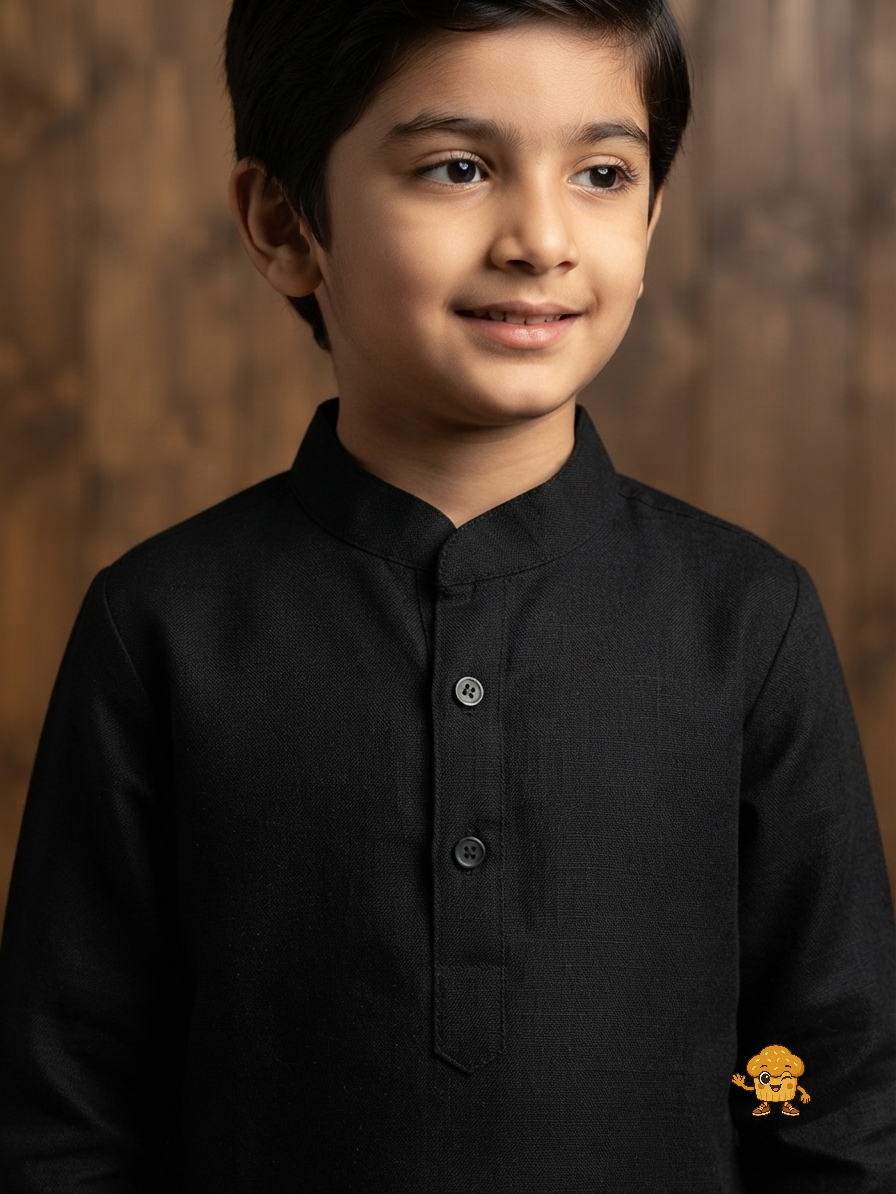 Boys Classic Jet Black Cotton Kurta with White Trousers Set
