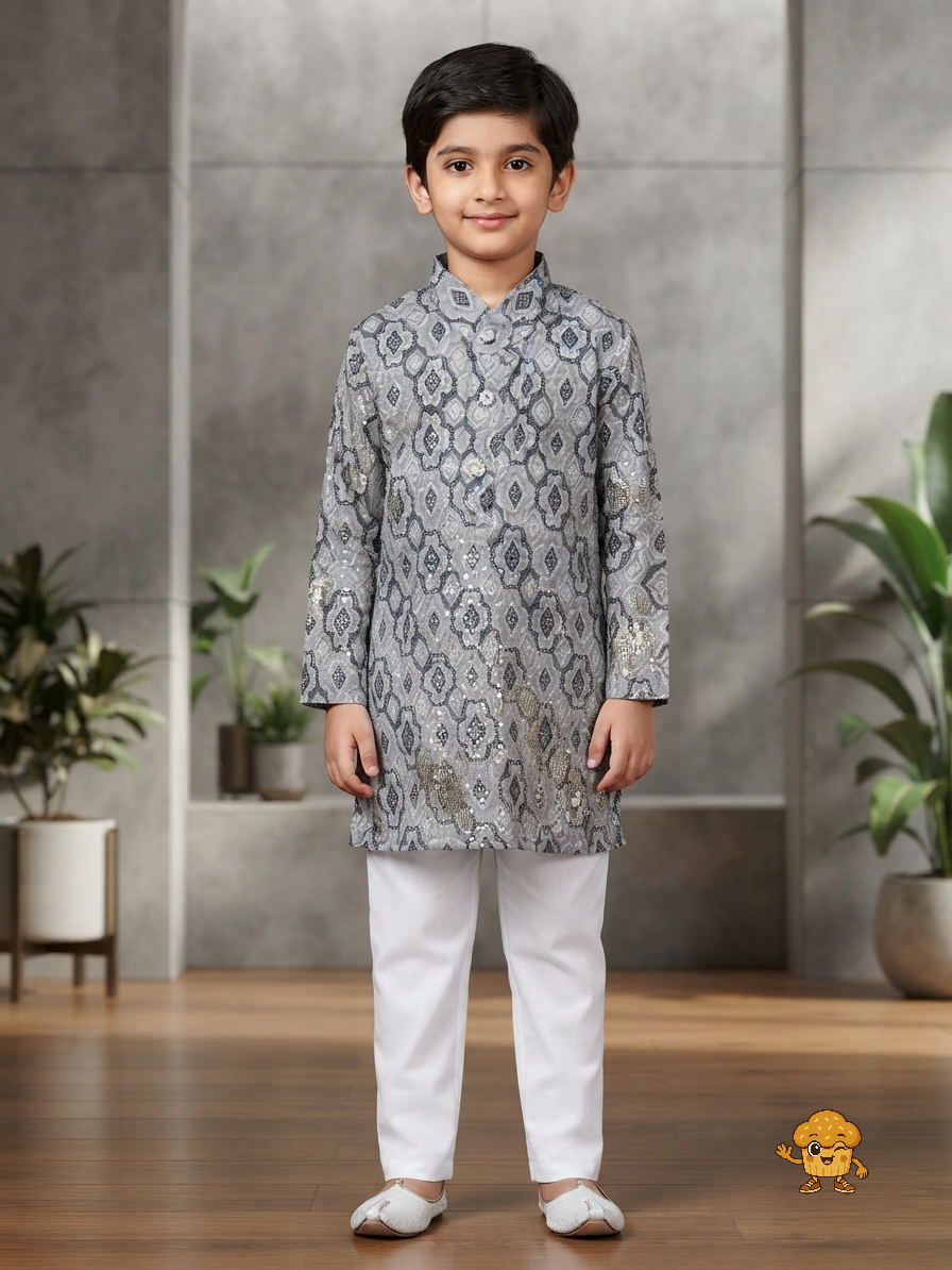 Boys Grey Geometric Printed & Sequin Embroidered Kurta Pajama Set
