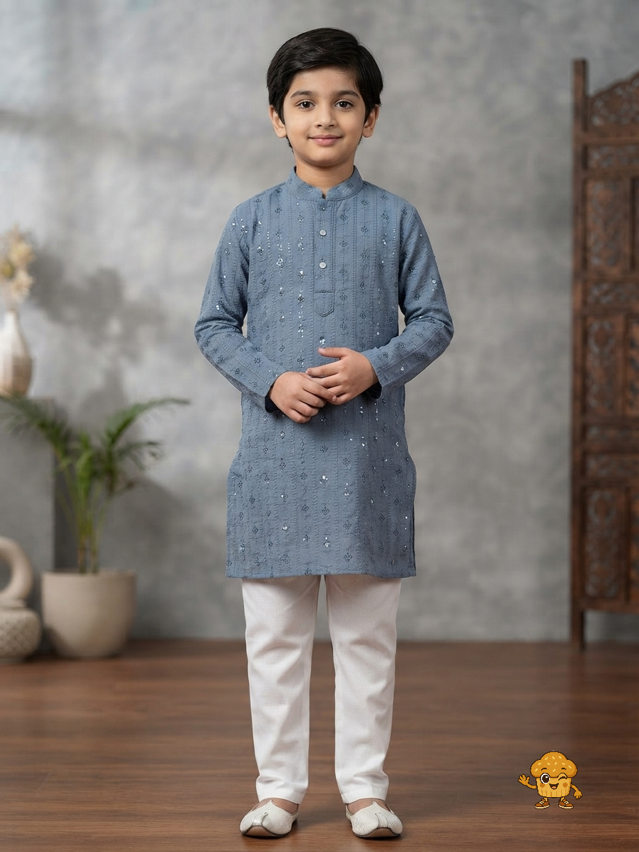Boys Steel Blue Embellished Kurta with Churidar Set – Festive Ethnic Wear
