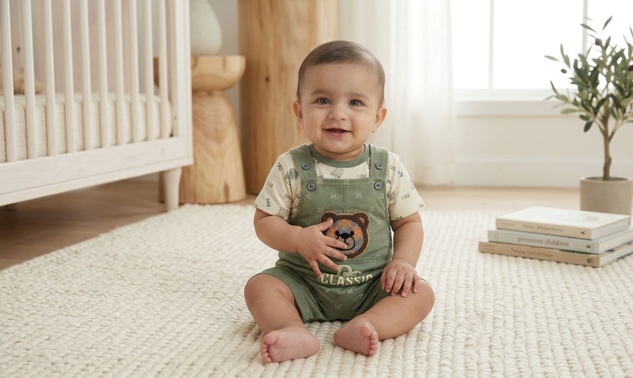 2-Piece Baby  Shortall DUNGREE Set with Classic Bear Patch