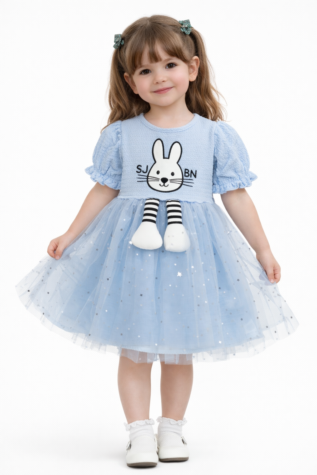 Little Girl Blue Star Tulle Party Dress with Bunny Applique