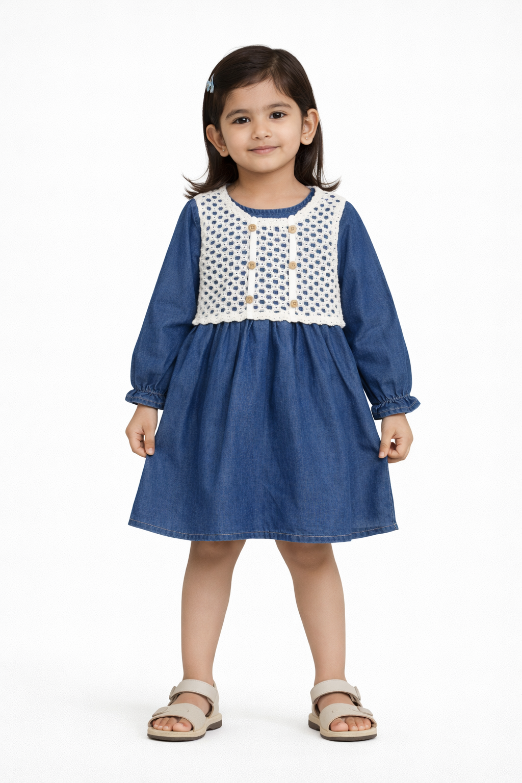 Indigo Charm Crochet Yoke Dress