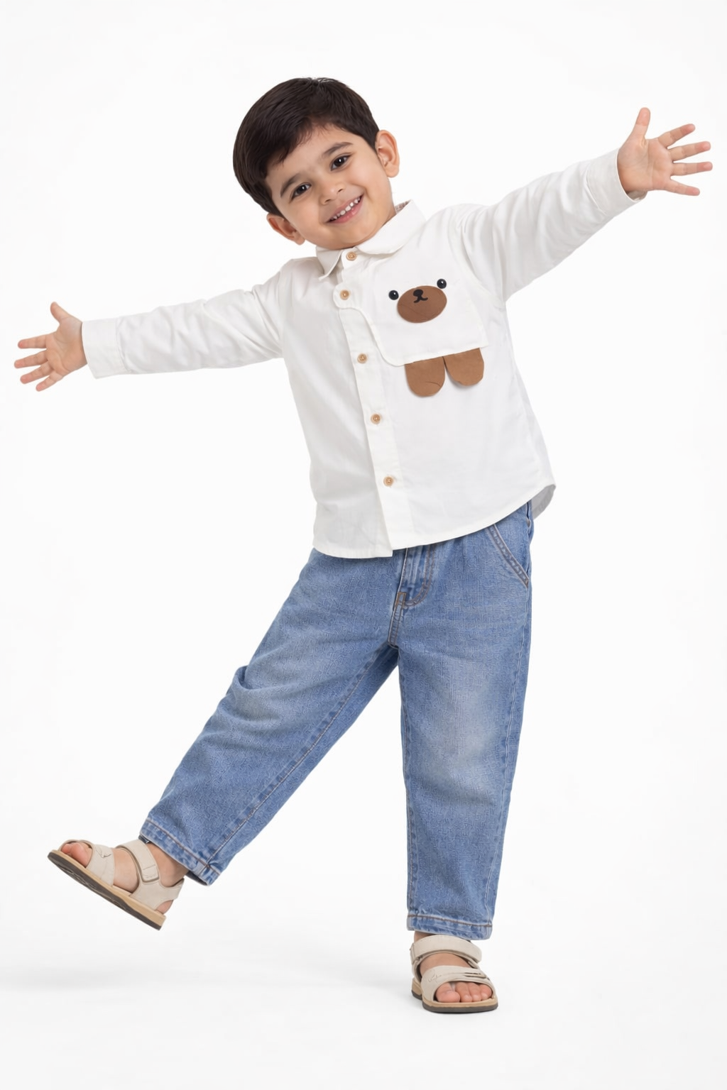 Boys Bear Patch Shirt with Relaxed Denim Jeans Set