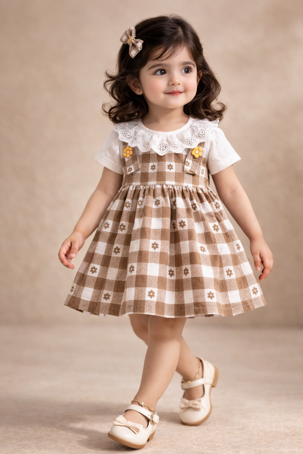 Baby Girl Vintage Brown Check Dress with Eyelet Lace Collar