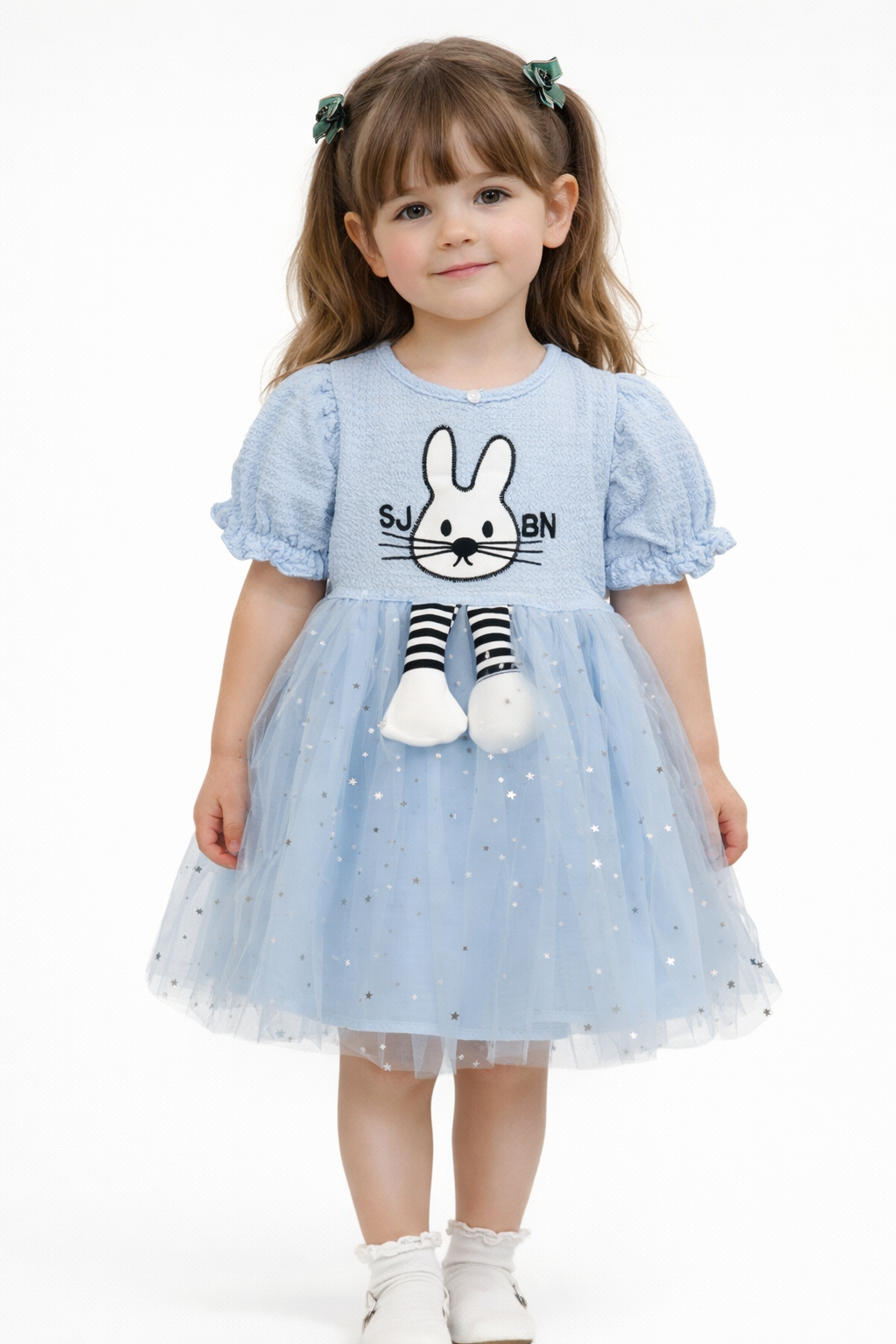 Little Girl Blue Star Tulle Party Dress with Bunny Applique